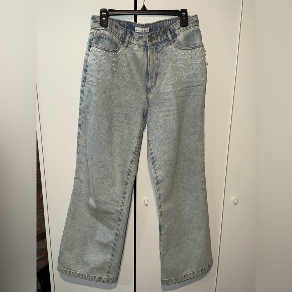 LOFT Light Wash Pearl-Embellished Wide-Leg Jeans